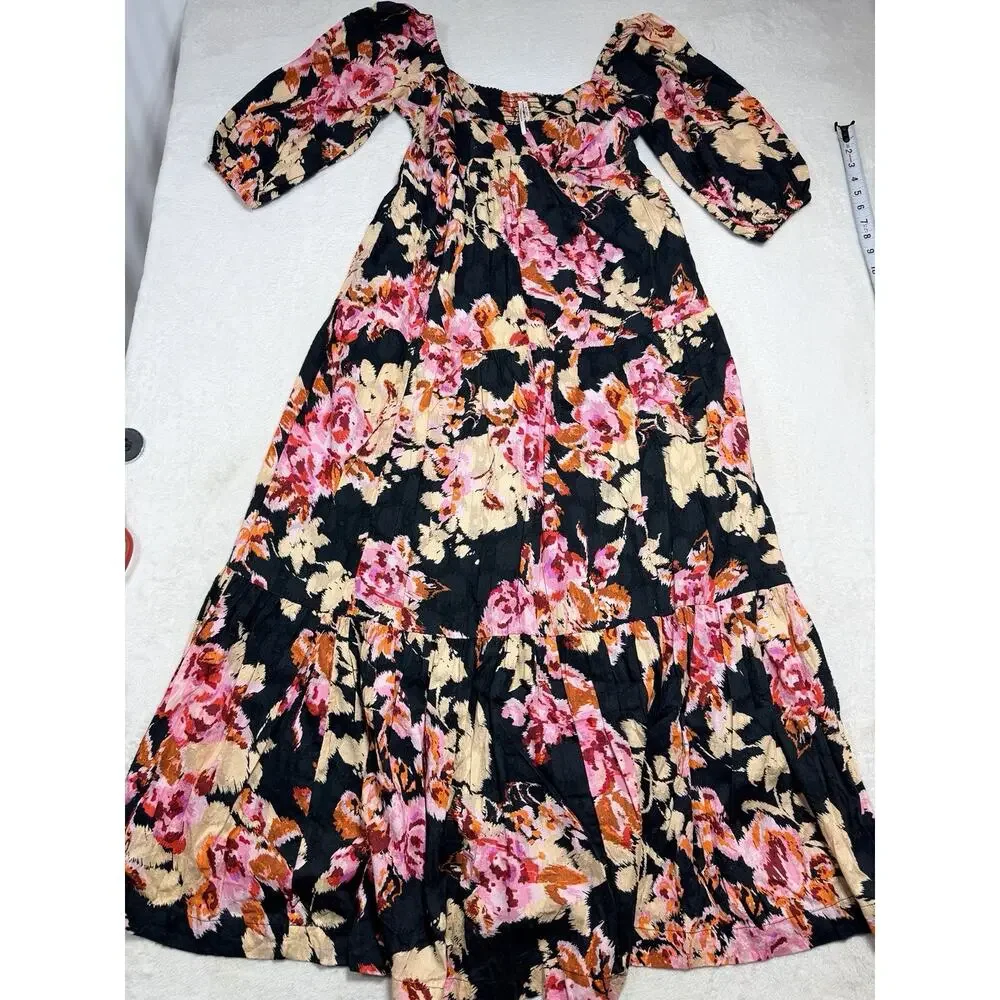 Anthropologie Black Blossom Tiered Puff Sleeve Maxi Dress Sz Sm Floral Smocked
